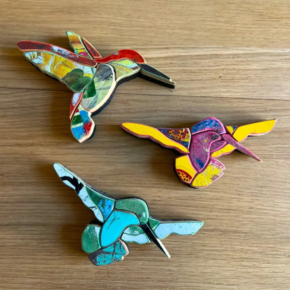 Wall Art: Upcycled Skateboard Hummingbird Wall Art - Handmade Decor - Set of 3 - Picture 1 of 11